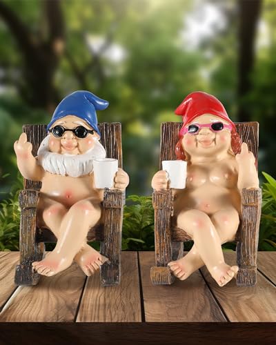 iStatue Funny Naked Gnomes in Rocking Chair - 2 Pack Resin Middle Finger Decor Collectible Naughty Figurines - Unique Gag Gifts for Christmas, Garden, Home and Office (Sitting)