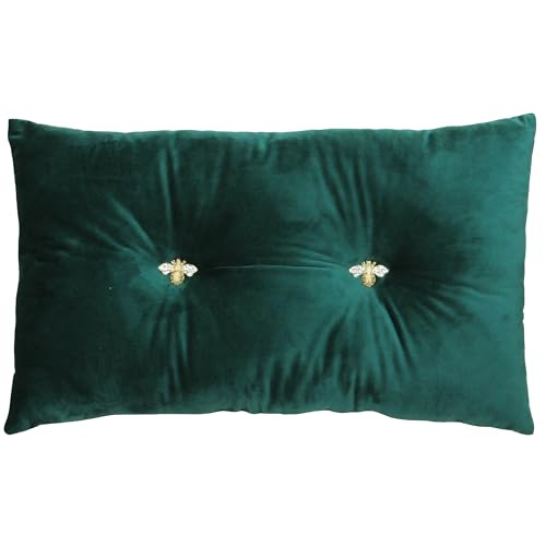 Paoletti Bumble Polyester Filled Cushion – Luxury Ruched Velvet Jewelled Bee Button Decorative Pillow (Emerald – 30x50cm)