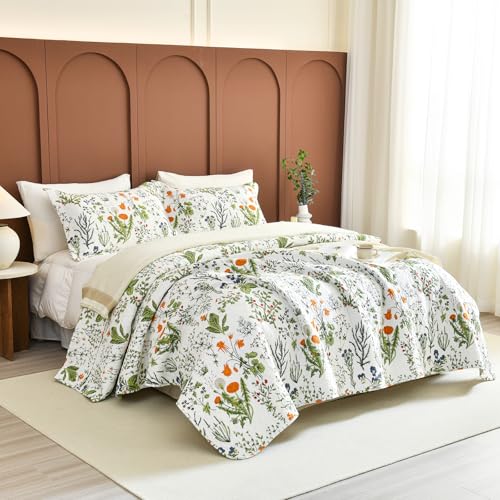 "QSH 100% Cotton Floral Quilt Queen Set (90""x98"") Yellow Flowers Leaves Plants Pattern Botanical Printed Bedspread Bedding, 3Pcs Soft Lightweight Quilt Coverlet Queen for All Seasons"