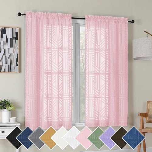 Simplebrand Blush Semi Sheer Curtains 54 Inch Length 2 Panels, Geometric Jacquard Clip Textured Short Sheer Curtains for Bedroom???Modern Elegant Window Curtains Drapes/Treatment Sheer???42x54 inch