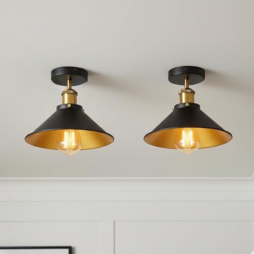 LEDSone Pack of 2 Vintage Ceiling Light Semi Flush Mount Industrial Metal 22cm Black Inner Gold Cone Light Shade E27 Holder Lamp Shade for Living Room Kitchen Bedroom Hallway with Bulb