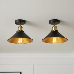 LEDSone Pack of 2 Vintage Ceiling Light Semi Flush Mount Industrial Metal 22cm Black Inner Gold Cone Light Shade E27 Holder Lamp Shade for Living Room Kitchen Bedroom Hallway with Bulb