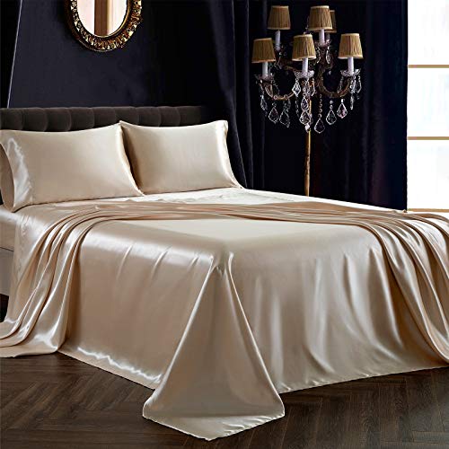 SiinvdaBZX 4Pcs Satin Sheet Set California King Size Ultra Silky Soft Beige Satin Bed Sheets with Deep Pocket, 1 Fitted Sheet, 1 Flat Sheet, 2 Envelope Closure Pillowcases
