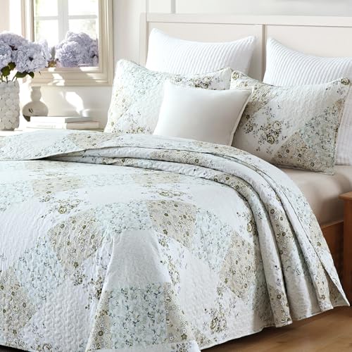 HIARUO Quilt Set Queen Size, 3 Pieces Bedspread Coverlet Plaid Patchwork Floral Quilt Farmhouse Queen Size Comforter Set Lightweight Bedding with 2 Pillow Covers Shams for All Season Light Green