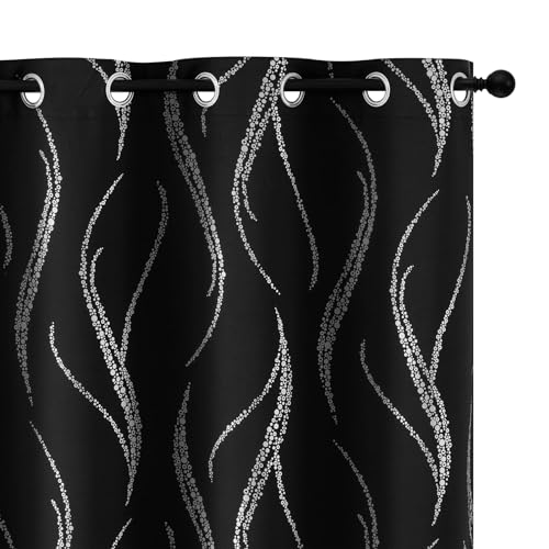 Yakamok Blackout Curtains 54 inch Length Living Room Thermal Insulated Silver Wave Line Dots Pattern Darkening Grommet for Bedroom, Black, W42 x L54-inch, 2 Panels Black/Silver Print