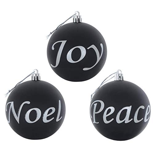 Mr Crimbo Pack of 6 Peace Joy Noel Christmas Tree Baubles 8cm - Black/Silver