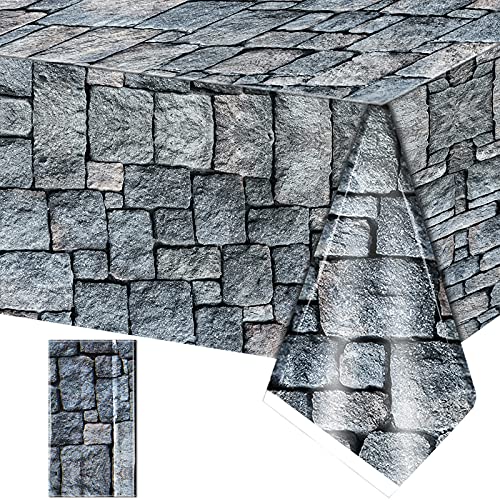 1 Pack Cobblestone Tablecloth Stone Printed Table Cover Medieval Table Decoration Plastic Tablecloth Stone Brick Tablecovers for Medieval Castle Knight Themed Party Supplies, 4.3 x 7.2 Feet