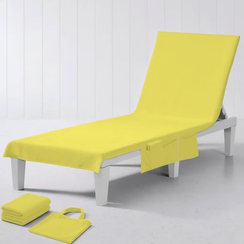 GC GAVENO CAVAILIA Beach Chair Cover with Bag - Luxury 100% Polyester Sun Lounger Towels with Side Pockets - Plain Chaise Lounge Cover for Beach, Pool, Garden, Holiday & Travel (75 x 215 Cm) - Yellow