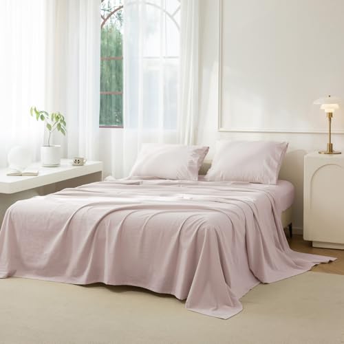 "JIYUAN Twin Washed Cotton Sheet Set, 3-Piece, Relaxed Linen Feel - Deep Pocket Fits Mattresses up to 17"". Flat Sheet & 1 Pillowcase. Naturally Soft & Breathable. Machine Washable."