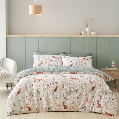 Catherine Lansfield Enchanted Twilight Animals Reversible Double Duvet Cover Set with Pillowcases Natural