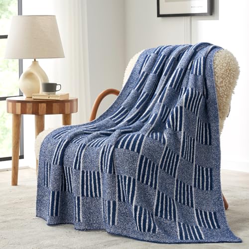 Snuggle Sac Navy Faux Fur Checkered Blanket Twin Size with Soft Knitted Microfiber Fabric,Fluffy Soft Warm Striped Blanket for Sofa Bedroom Living Room,Heather Navy,60x80 inches