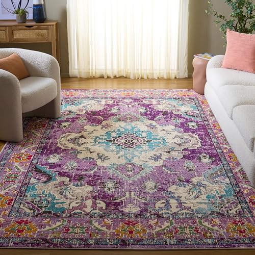 Safavieh Boho Rug for Living Room, Dining Room, Bedroom - Monaco Collection, Short Pile, in Violet and Light Blue, 75 x 120 cm