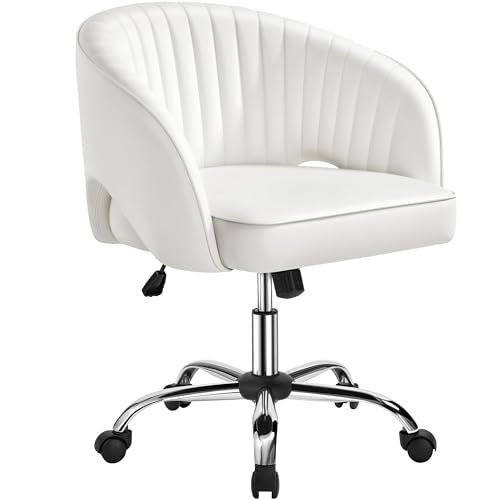 Yaheetech Faux Leather Office Desk Chair, Makeup Vanity Chair Swivel Adjustable Accent Armchair for Home Office, Bedroom, Living Room, Cream