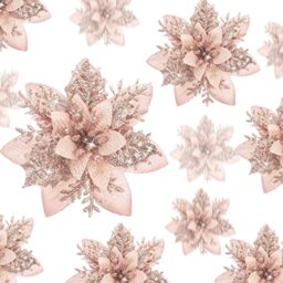 24 Pcs Christmas Glitter Artificial Poinsettia Flowers Xmas Poinsettia Artificial Wedding Flowers Decorations Xmas Tree Ornaments with Clips for Party Favors, 6 Inch, 4 Inch, 3 Inch (Rose Gold)