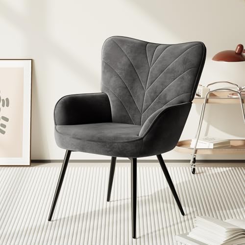 COLAMY Velvet Accent Chair with Black Metal Legs, Modern Armchair with Ergonomic Backrest, Wide Seat & High-Density Foam,Vanity Chair for Living Room Bedroom Lounge or Dressing Table,Grey