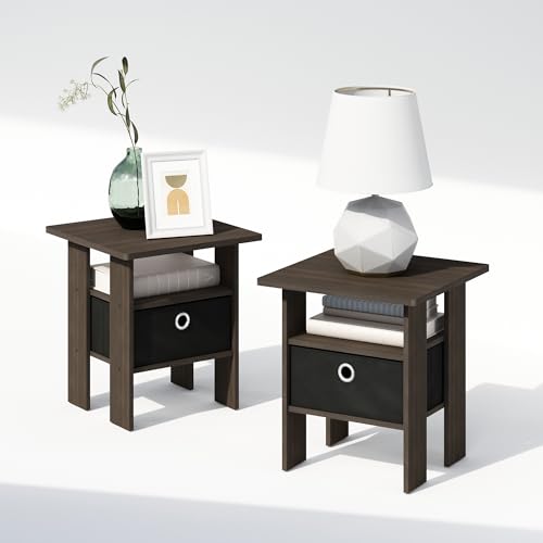 Furinno TIDUR Night Stand Set of 2, Open Shelf Design Nightstand with Storage Bin, Bedside Table, End Table, Side Table, for Bedroom, Living Room, Dark Brown