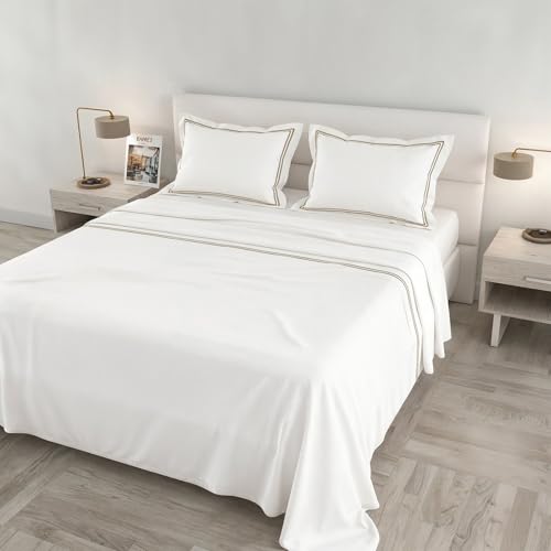 Venus Double Maxi Bed Set, 100% Cotton, Made in Italy – White Bedding Set, 2 Pillowcases with Ruffles, Double Bourdon, Top Sheet 260 x 300 cm, Bottom Sheet 180 x 200 cm – Taupe