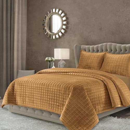 Tribeca Living Velvet Queen Quilt Set, Three-Piece Box Stitch Bedding, Includes Oversized Quilt & Two Shams, 260GSM Super Soft Velvet, Camel