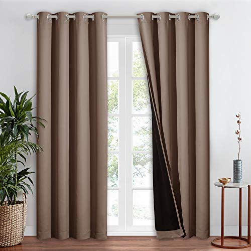 NICETOWN Complete Blackout Shade for Large Window Door, 100% Blackout Window Curtain Panel with Black Lined, 52 inches Width Each Panel, 95 inches Length, Cappuccino, 1 Piece