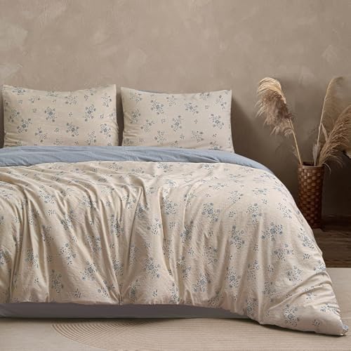 Colourful Snail Vintage Reversible Floral Duvet Cover Set, 100% Washed Microfiber Linen-Feel 2-Piece Bedding, Elegant Printed Ditsy Rose Pattern, Soft, Durable & Comfortable, Beige & Blue, Twin