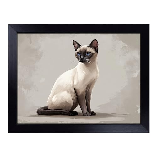 Lap Tray with Bean Bag Cushion, Siamese Cat Illustrated - Handmade in the UK, Raised Wooden Edge, Padded Cushion, Heat-Resistant Wipe-Clean Surface, for Meals, Laptops and Crafts