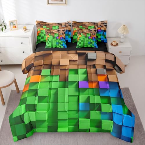 jejeloiu Pixelated Green Brown Blue 7 Piece Bedding Set Twin Size,Geometric Check Video Games Bed in a Bag for Boys Girls,Gamepad Grid Comforter Set with Sheets,Pillowcases & Cushion Cover Room Decor