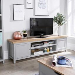 Home Source TV Stand 180cm – Grey & Sonoma Oak Effect, 2 Cupboards and 2 Shelves - 180W x 39D x 50H cm - Fits TVs up to 70 Inch