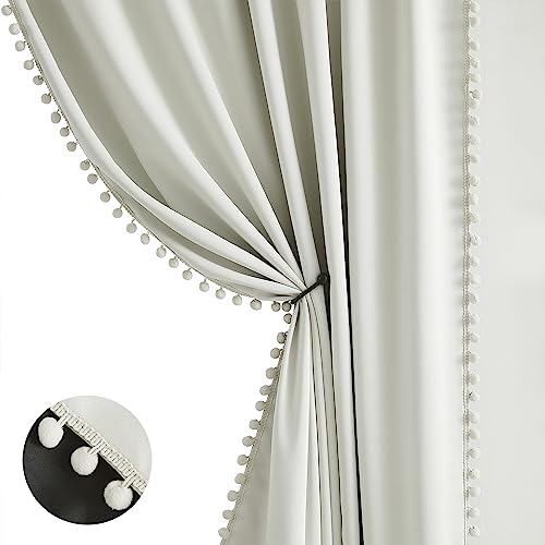 "Treatmentex Pompom Blackout Window Curtain Panels Natural Ivory Full Blackout Curtains for Bedroom Basement Small Windows 52"" W x 45"" L 2 Panels Rod Pocket"