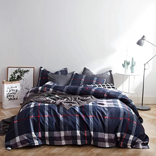 SUSYBAO Buffalo Plaid Duvet Cover King 100% Cotton Navy Blue Checkered Duvet Cover 3 Pieces Set 1 Dark Blue Tartan Pattern Duvet Cover with Zipper Ties 2 Pillow Cases Soft Navy Grid Bedding