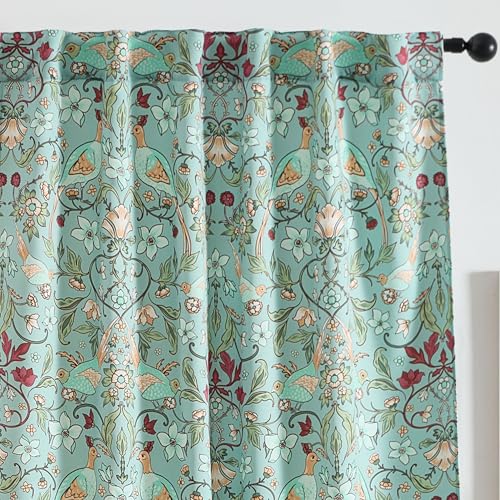 HLC.ME Florence Floral & Birds Patterned Window Back Tab Rod Pocket Print Curtains Bedroom - Light Blocking Darkening Window Panels, Set of 2 (Aqua Blue, 52 W x 108 L)