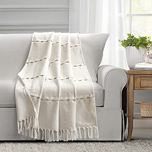 "Lush Decor Herringbone Stripe Yarn Dyed Cotton Woven Tassel Blanket, 60"" x 50"", Neutral & White"