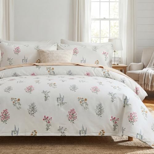 Cozaline Floral Comforter Set King Size 100% Cotton Bedding Sets Garden Flowers Printed Breathable Soft Comforter 3Pcs Reversible Botanical Flowers Comforter