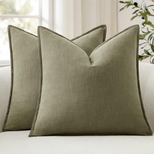 ANRODUO Pack of 2 Decorative Linen Pillow Covers Light Olive Green Neutral Farmhouse Boho Soild Cushion Case Soft Accent Pillowcase for Couch Sofa Bedroom Living Room Home Decor 20 x 20 Inch