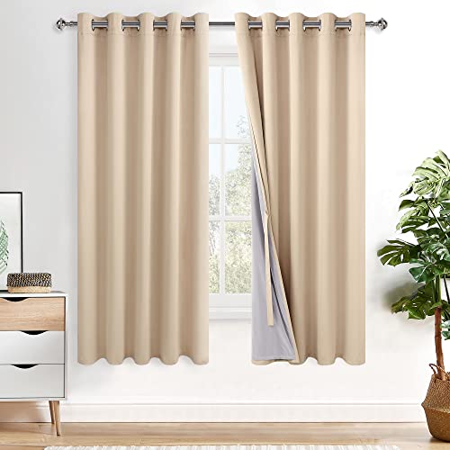 XWZO Total Blackout Curtains for Bedroom- Thermal Insulated, Noise Reducing and Heat Blocking Drapes for Hall and Studio Windows with Tiebacks, Biscotti Beige, W60 x L63, Set of 2