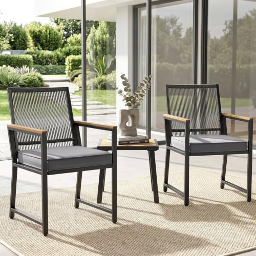 Clevich 3 Pieces Bistro Set, Garden Furniture Set with 7 cm Removable Cushion, PE Rattan Backrest, Rust-Proof Metal Frame & WPC Armrests Tabletop, Table and 2 Chairs for Patio Balcony (Dark Grey)