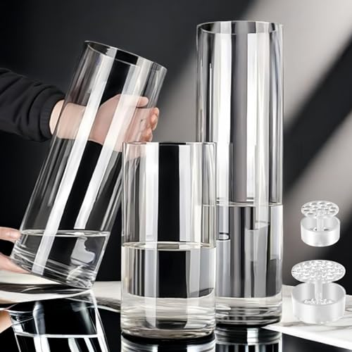 Lesediy 3 Large Acrylic Clear Cylinder Vase Set with 2 Spiral Ikebana Stem Holder Ring, Unbreakable Tall Plastic Hurricane Vases for Wedding Centerpieces Flower Bouquet Decor (3 Vases + 2 Holder)