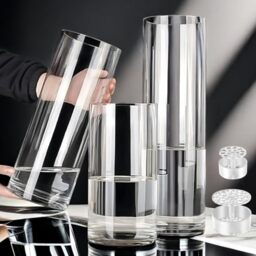 Lesediy 3 Large Acrylic Clear Cylinder Vase Set with 2 Spiral Ikebana Stem Holder Ring, Unbreakable Tall Plastic Hurricane Vases for Wedding Centerpieces Flower Bouquet Decor (3 Vases + 2 Holder)