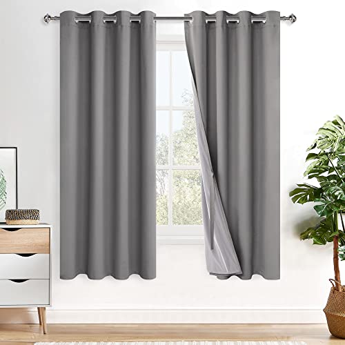 XWZO Full Shading Blackout Curtains 72 Inches Length - Heat and Light Blocking Ring Top Window Drapes with Black Liner Backing for Bedroom Sewn with Tiebacks, Grey, W52 x L72, Set of 2