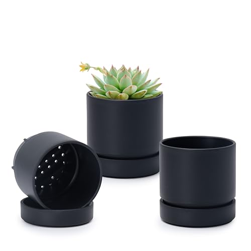 Phoenix Vine 4 Inch Planter Pot with Drainage Hole & Saucer, Deep Water Catch Tray, Straight Cylindrical Round Pot for Plants, Matte Black, Pack of 3, 23-C-R-3