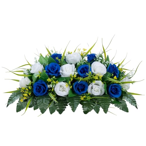 MOOMASS Cemetery Headstone Flower Saddle - Artificial Cemetery Flowers Rose, Grave Decoration???Non-Bleed Colors, and Easy Fit (Dark Blue+White, Saddle)