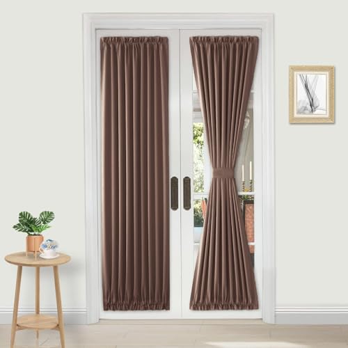 DWCN French Door Curtains ??? Rod Pocket Thermal Blackout Curtain for Window/Patio Doors/Doorways/Classroom/Kitchen for Privacy, 36W by 80L Inches, 1 Panel with Tieback, Khaki