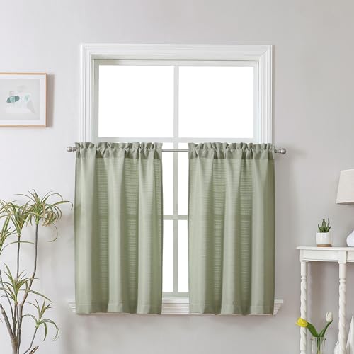 Chyhomenyc Bennet ??? Set of 2 Panels 24 Inches Long Textured Faux Linen Short Curtains for Kitchen, Bathroom, Basement, 30 x 24 inches, Light Green