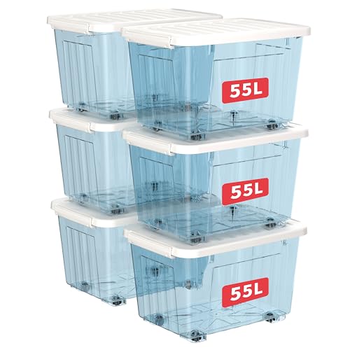 Cetomo 55L*6 Plastic Storage Boxes with Wheels, Lidded Storage Box with Secure Side Latches, PP Nestable and Stackable Clear Organizer for Home, Office, Moving, Transparent Blue, 55L-6 Pack
