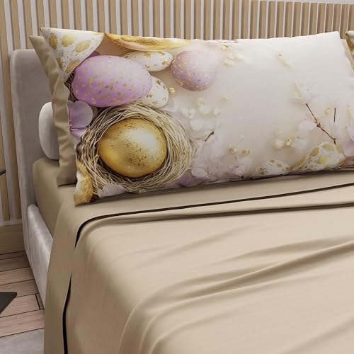 PETTI Artigiani Italiani - Easter Bed Linen in Cotton with Pillowcases in Digital Print, French Quarter Size, Easter Bed Sheet Set Top and Bottom with Corners, 16 Beige, Made in Italy