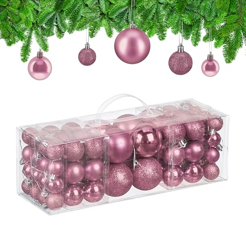 Relaxdays Christmas Baubles, Set of 76, Tree Ornaments, Holiday Decorations, Plastic, Glittery, Matte & Shiny, Pink