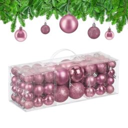Relaxdays Christmas Baubles, Set of 76, Tree Ornaments, Holiday Decorations, Plastic, Glittery, Matte & Shiny, Pink