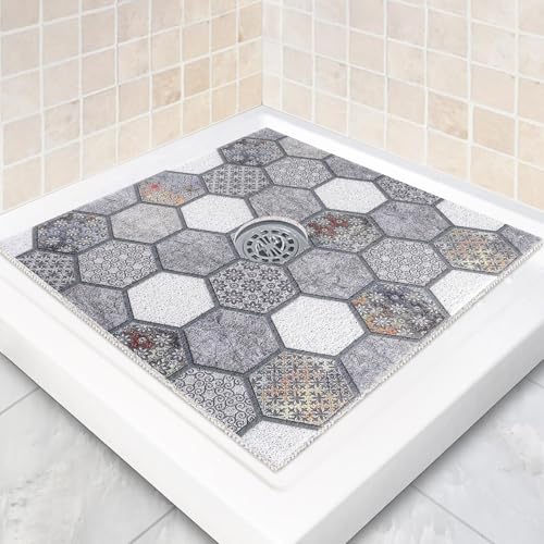 Square Shower Mat Non Slip: 27 x 27 Inch Large Shower Mats with Drain Hole in Middle - PVC Loofah Anti Slip Shower Floor Matt for Inside Shower