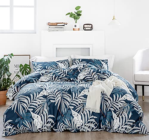 YuHeGuoJi Tropical Duvet Cover Set King 100% Cotton Blue Botanical Duvet Cover Soft 3 Pcs Set 1 Palm Leaves Plant Print Duvet Cover with Zipper 2 Pillowcases Botanical Bedding Breathable Comfortable
