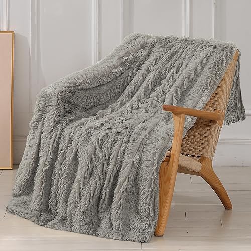 "Tuddrom Decorative Extra Soft Faux Fur Blanket Twin Size 70"" x 78"",Solid Reversible Fuzzy Fluffy Cozy Plush Fleece Comfy Microfiber Blanket for Couch Sofa Bed,Quiet Grey"