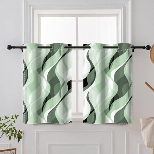 DORCEV Green Wave Lines Window Curtains Abstract Art Aesthetic Gradient Green Blackout Curtains Geometric Thermal Insulated Room Darkening Curtains Drapes Bedroom Kitchen Decor,26x36 inch,2 Panels